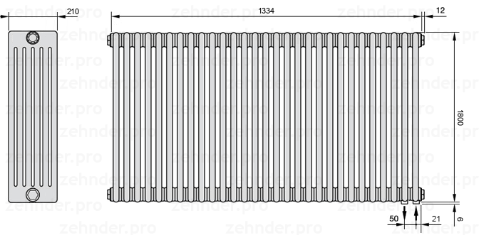 Схема (чертеж) Радиатор Zehnder Charleston 6180/29 №5510 Белый глянцевый RAL 9016